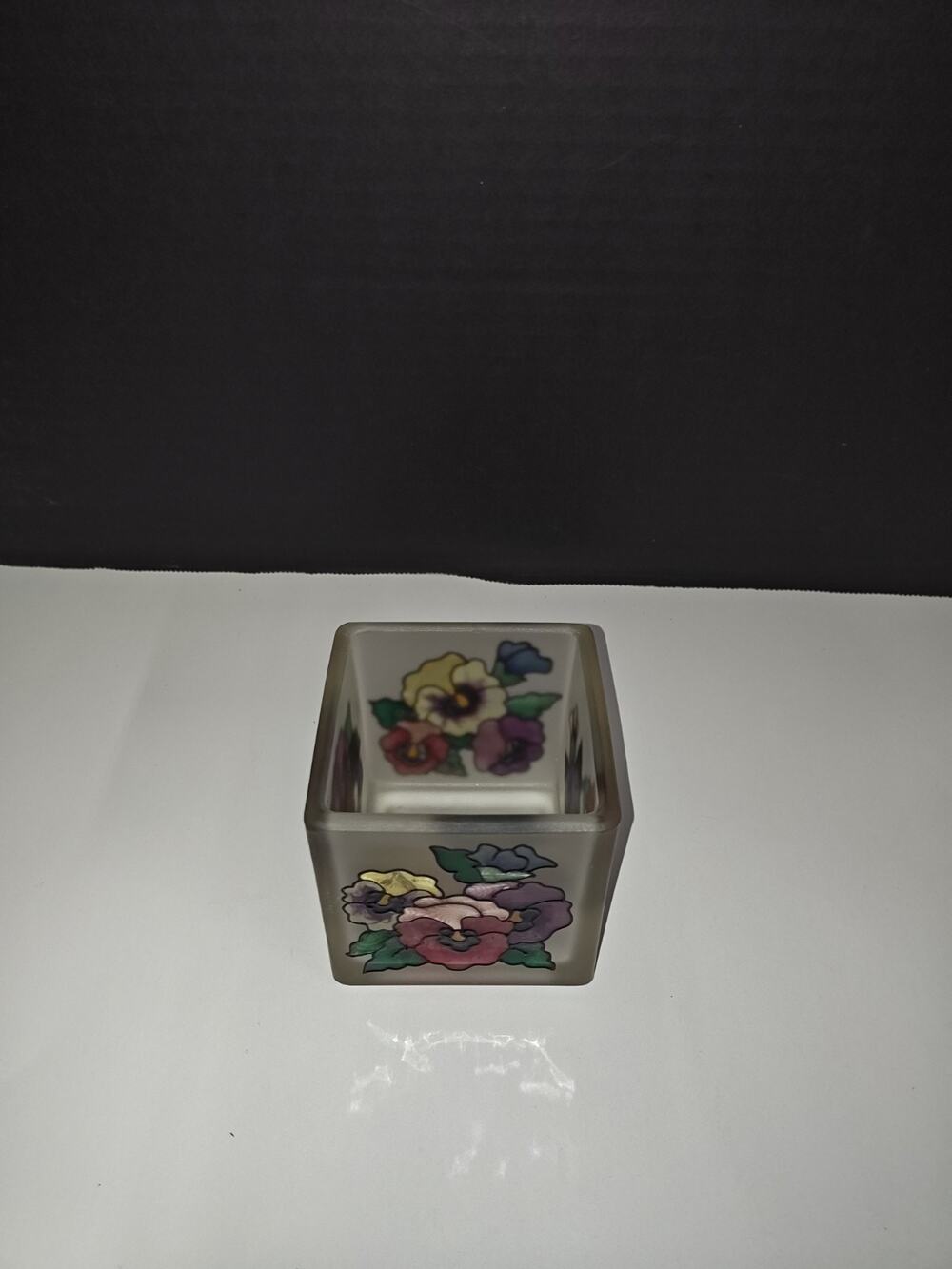 Vintage Joan Baker Designs Candle Holder Flowers Hand Painted Pansies Glass Deco
